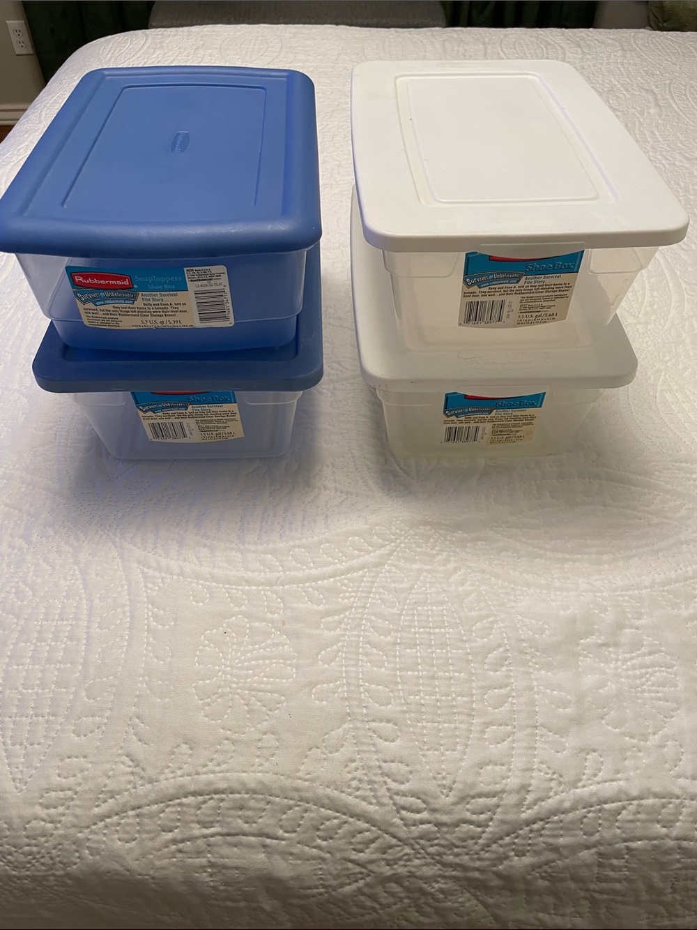 Set of 4 Rubbermaid Plastic Storage Boxes Shoe Box Size Stackable Lightly Used